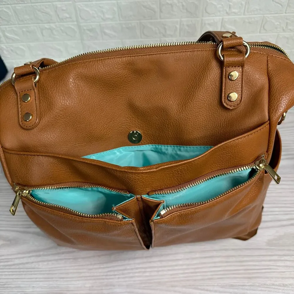Mominside Diaper Backpack Tote Bag Brown Vegan Convertible Insulated Waterproof